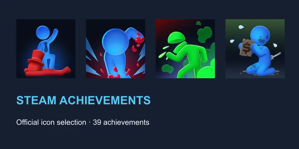 Stick It to the Stickman selection of four Steam achievement icons on a dark reference panel