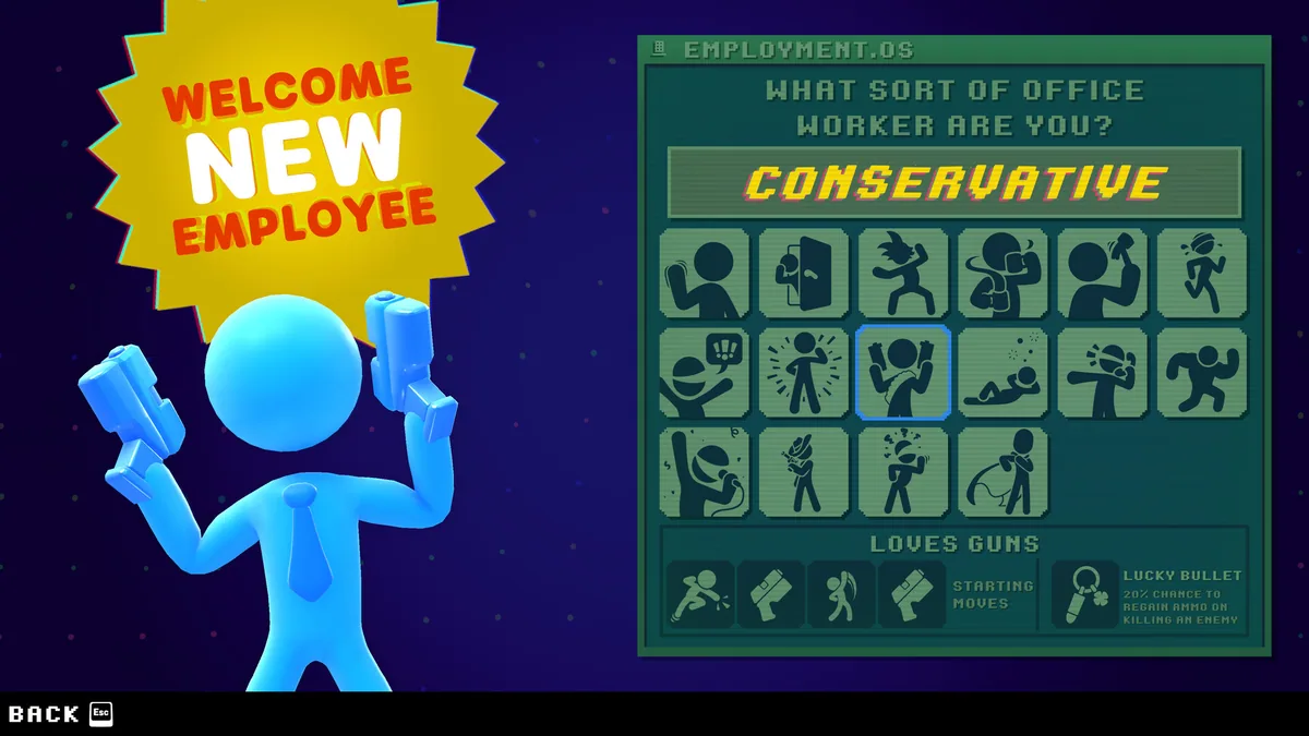 Stick It to the Stickman Steam screenshot showing a new employee and character selection board