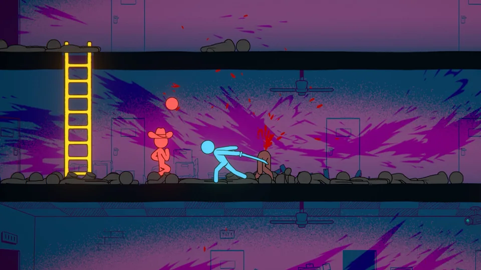 Official Steam image of a blue stick fighter striking an opponent inside a multi-level office