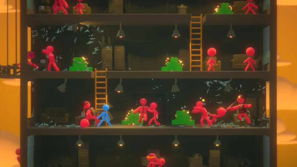 Official Steam image of a multi-floor office scene with a blue stick figure and red opponents